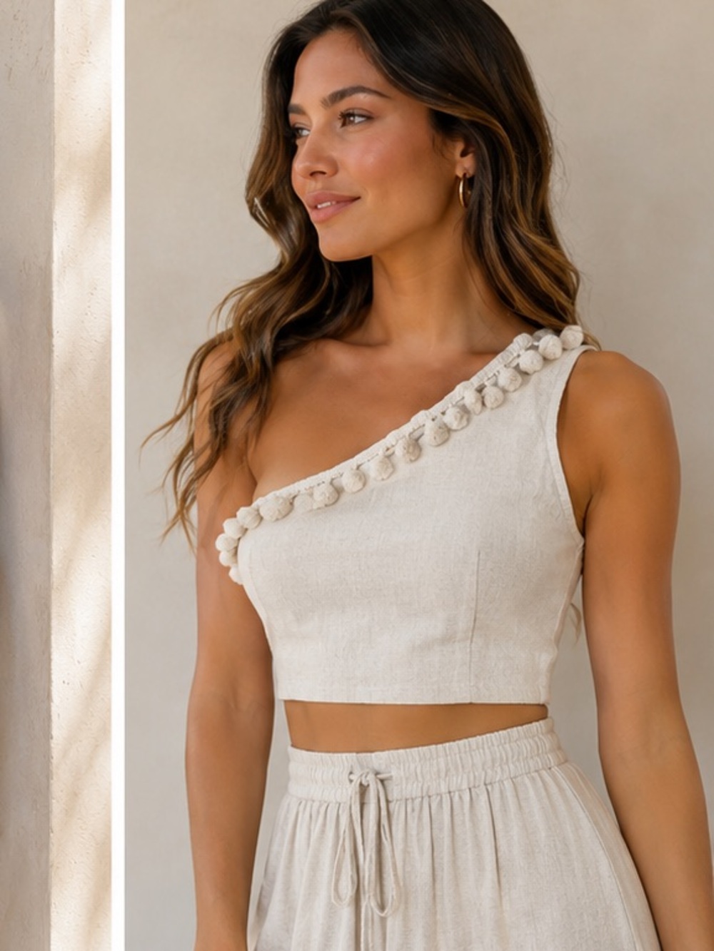 One-Shoulder Cream Pom-Pom Crop Top